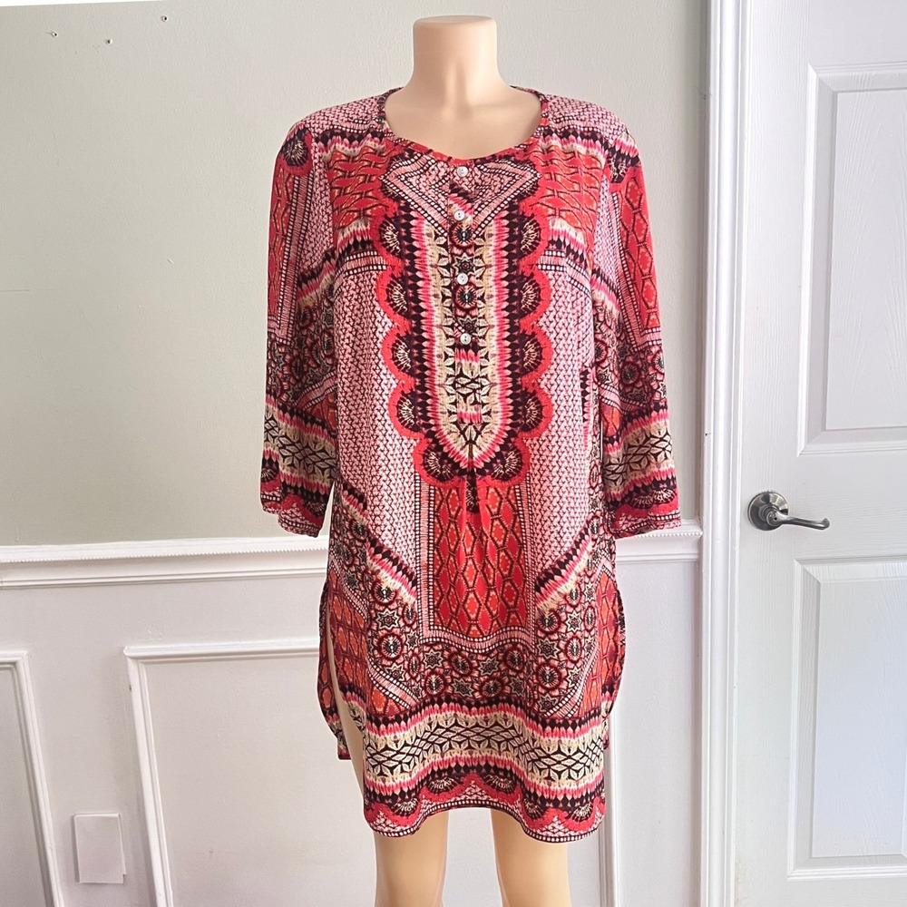 Fig and Flower Dashiki Tunic Dress Womens 1X 3/4 Sleeve Soft Red Rust Boho